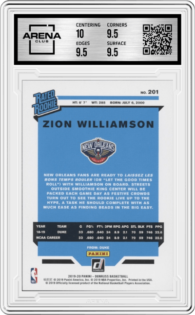 Zion Williamson from the 2019-20 Panini Donruss set graded by Arena Club and given an overall grade of 10.