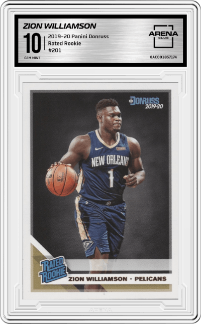 Zion Williamson from the 2019-20 Panini Donruss set graded by Arena Club and given an overall grade of 10.