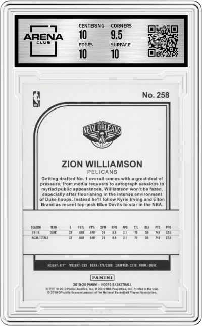 Zion Williamson from the 2019-20 Panini NBA Hoops set graded by Arena Club and given an overall grade of 10.