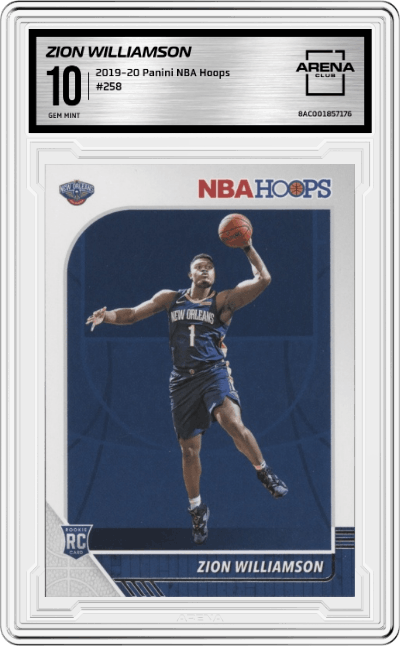 Zion Williamson from the 2019-20 Panini NBA Hoops set graded by Arena Club and given an overall grade of 10.