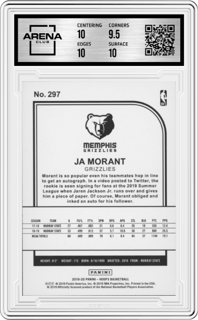 Ja Morant from the 2019-20 Panini NBA Hoops set graded by Arena Club and given an overall grade of 10.