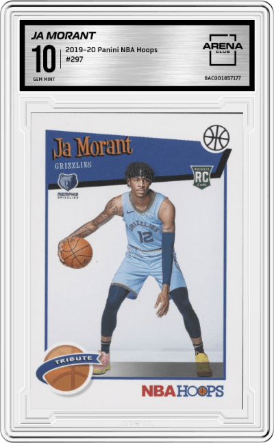 Ja Morant from the 2019-20 Panini NBA Hoops set graded by Arena Club and given an overall grade of 10.