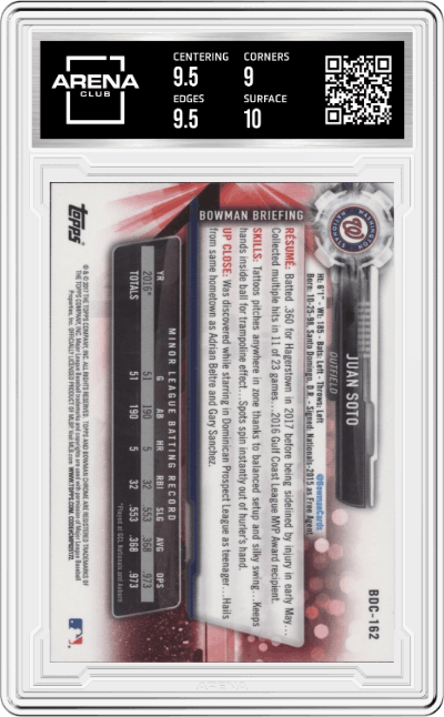 Juan Soto from the 2017 Bowman Draft set featuring a Refractor parallel graded by Arena Club and given an overall grade of 9.5.