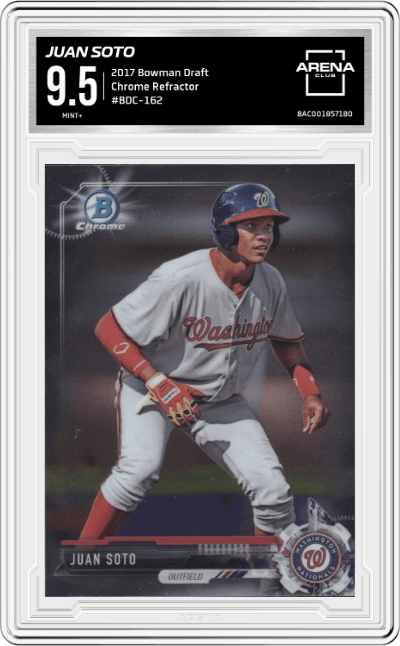 Juan Soto from the 2017 Bowman Draft set featuring a Refractor parallel graded by Arena Club and given an overall grade of 9.5.