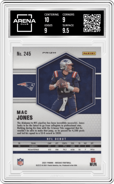 Mac Jones from the 2021 Panini Mosaic set featuring a Green Mosaic parallel graded by Arena Club and given an overall grade of 9.5.