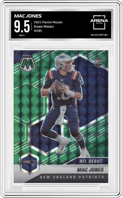 Mac Jones from the 2021 Panini Mosaic set featuring a Green Mosaic parallel graded by Arena Club and given an overall grade of 9.5.