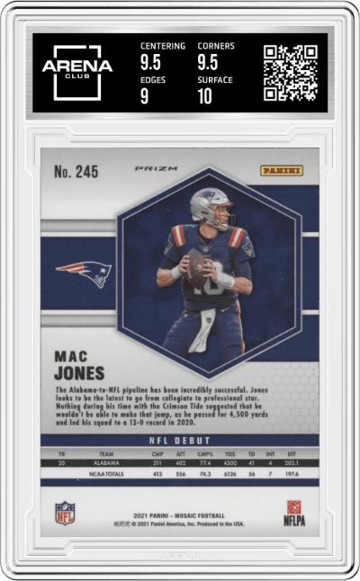 Mac Jones from the 2021 Panini Mosaic set featuring a Pink Camo  parallel graded by Arena Club and given an overall grade of 9.5.