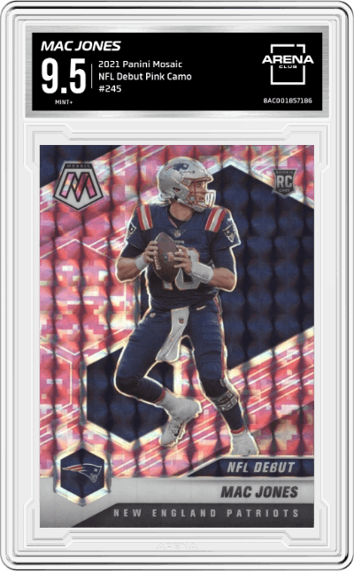Mac Jones from the 2021 Panini Mosaic set featuring a Pink Camo  parallel graded by Arena Club and given an overall grade of 9.5.