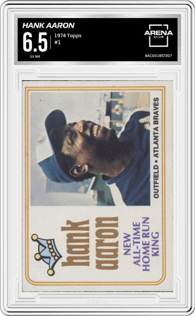 Hank Aaron from the 1974 Topps set graded by Arena Club and given an overall grade of 6.5.