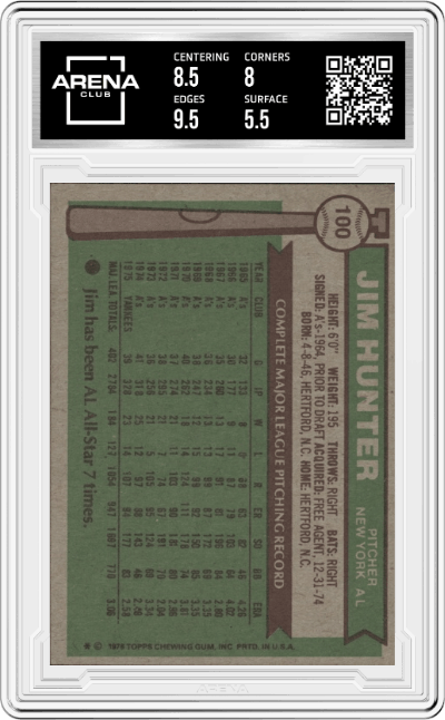 Jim Hunter from the 1976 Topps set graded by Arena Club and given an overall grade of 6.