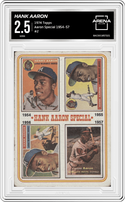 Hank Aaron from the 1974 Topps set graded by Arena Club and given an overall grade of 2.5.