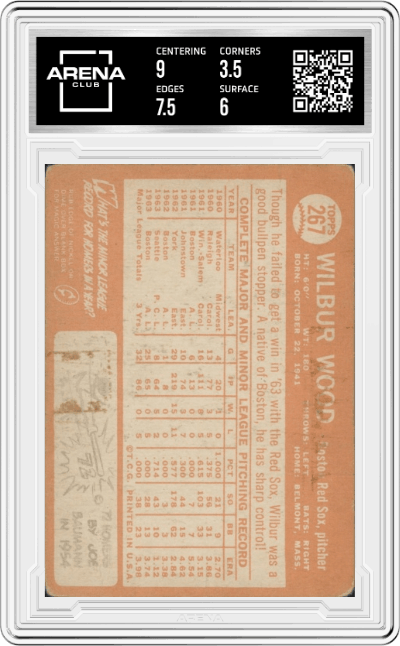 Wilbur Wood from the 1964 Topps set graded by Arena Club and given an overall grade of 4.