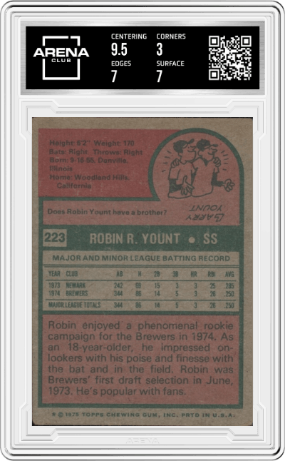 Robin Yount from the 1975 Topps set graded by Arena Club and given an overall grade of 3.5.