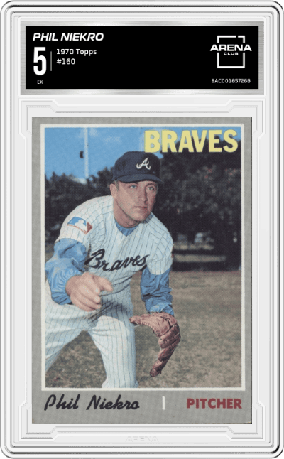 Phil Niekro from the 1970 Topps set graded by Arena Club and given an overall grade of 5.
