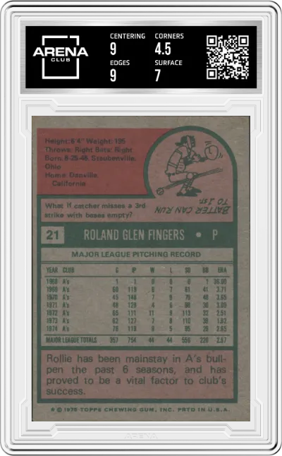Rollie Fingers from the 1975 Topps set graded by Arena Club and given an overall grade of 5.