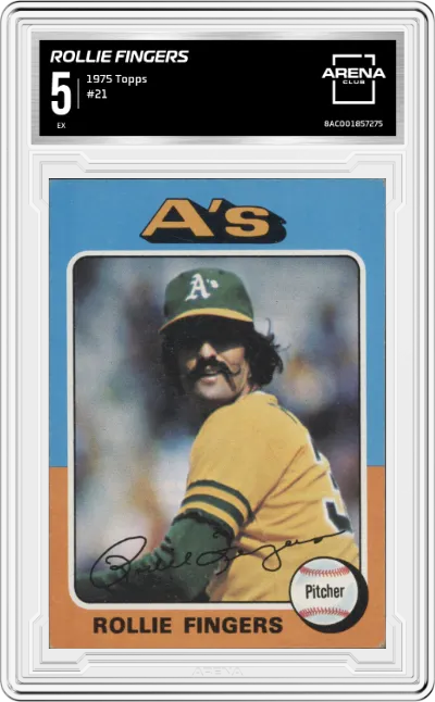 Rollie Fingers from the 1975 Topps set graded by Arena Club and given an overall grade of 5.