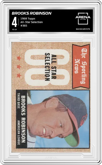 Brooks Robinson from the 1968 Topps set graded by Arena Club and given an overall grade of 4.