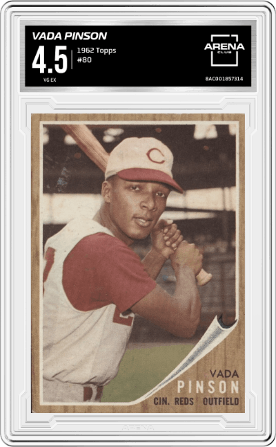 Vada Pinson from the 1962 Topps set graded by Arena Club and given an overall grade of 4.5.
