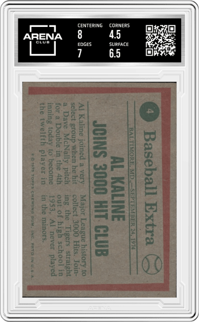 Al Kaline HL from the 1975 Topps set graded by Arena Club and given an overall grade of 5.