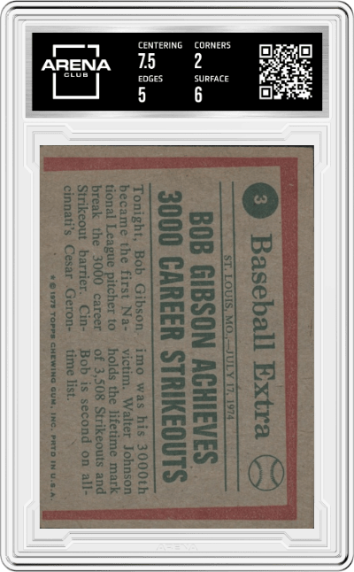 Bob Gibson from the 1975 Topps set featuring a '74 Highlights parallel graded by Arena Club and given an overall grade of 2.5.