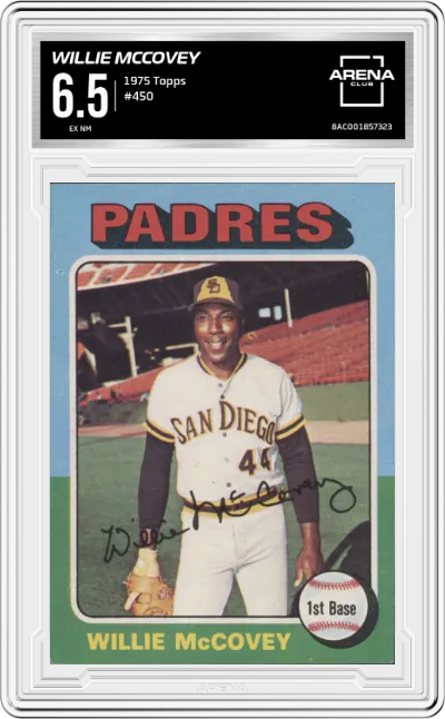 Willie McCovey from the 1975 Topps set graded by Arena Club and given an overall grade of 6.5.