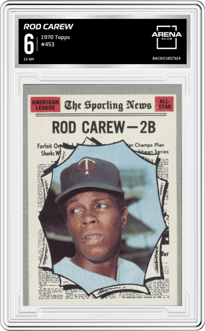 Rod Carew from the 1970 Topps set graded by Arena Club and given an overall grade of 6.