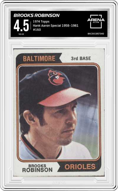 Brooks Robinson from the 1974 Topps set graded by Arena Club and given an overall grade of 4.5.