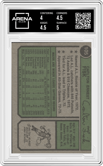 Carlton Fisk from the 1974 Topps set graded by Arena Club and given an overall grade of 4.5.