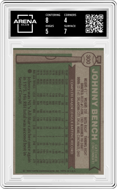 Johnny Bench from the 1976 Topps set graded by Arena Club and given an overall grade of 4.5.