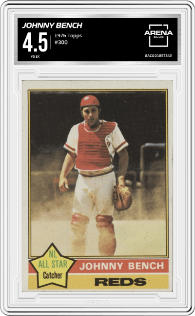 Johnny Bench from the 1976 Topps set graded by Arena Club and given an overall grade of 4.5.