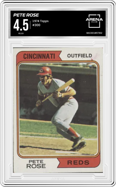 Pete Rose from the 1974 Topps set graded by Arena Club and given an overall grade of 4.5.