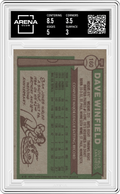 Dave Winfield from the 1976 Topps set graded by Arena Club and given an overall grade of 3.5.