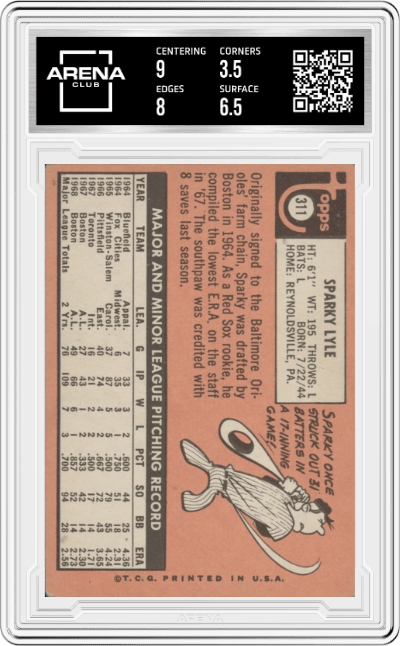 Sparky Lyle from the 1969 Topps set graded by Arena Club and given an overall grade of 4.
