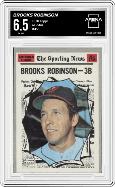 Brooks Robinson from the 1970 Topps set graded by Arena Club and given an overall grade of 6.5.