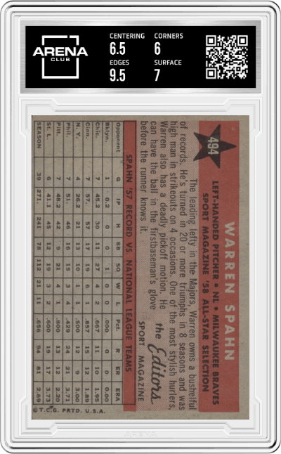 Warren Spahn from the 1958 Topps set graded by Arena Club and given an overall grade of 6.5.