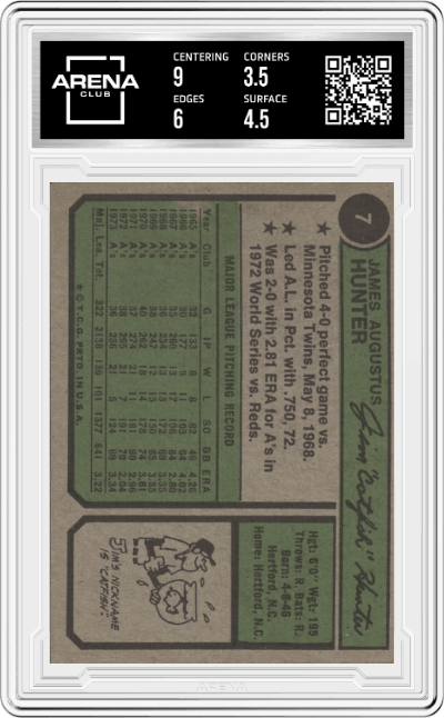Jim Hunter from the 1974 Topps set graded by Arena Club and given an overall grade of 4.