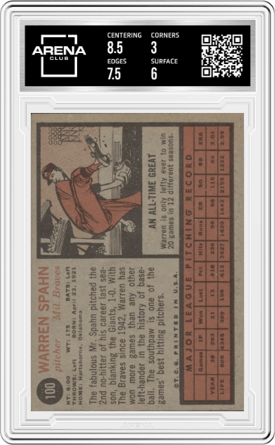 Warren Spahn from the 1962 Topps set graded by Arena Club and given an overall grade of 3.5.