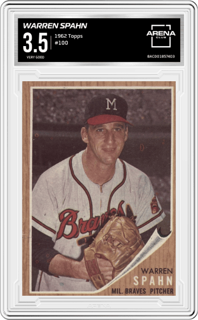Warren Spahn from the 1962 Topps set graded by Arena Club and given an overall grade of 3.5.