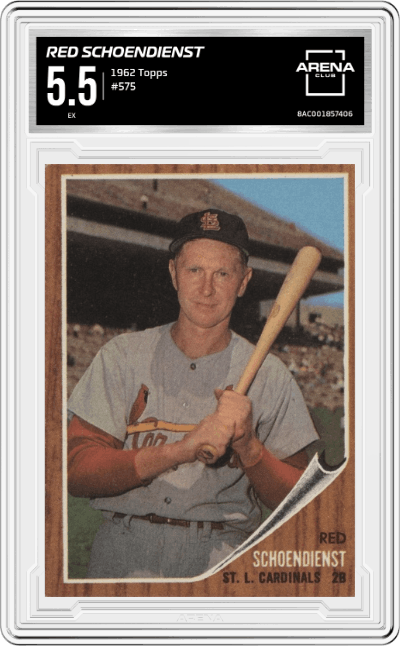 Red Schoendienst from the 1962 Topps set graded by Arena Club and given an overall grade of 5.5.