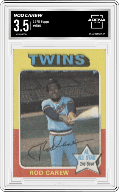 Rod Carew from the 1975 Topps set graded by Arena Club and given an overall grade of 3.5.