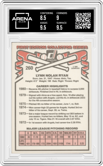 Nolan Ryan from the 1981 Donruss set graded by Arena Club and given an overall grade of 9.