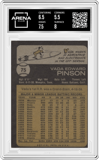 Vada Pinson from the 1973 Topps set graded by Arena Club and given an overall grade of 6.