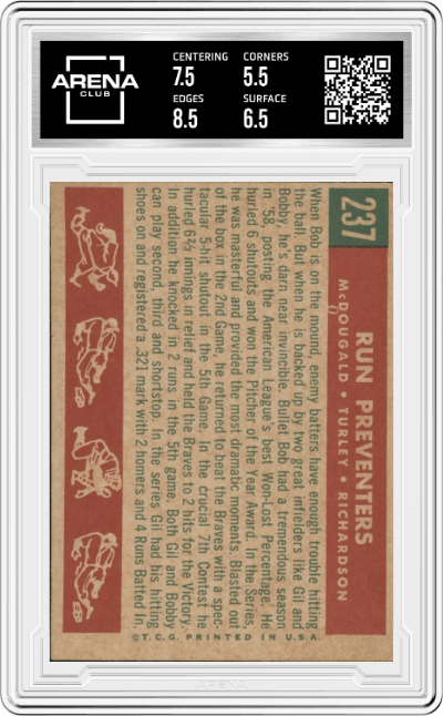 McDougald/Turley/Richardson from the 1959 Topps set graded by Arena Club and given an overall grade of 6.