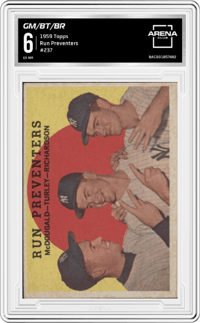 McDougald/Turley/Richardson from the 1959 Topps set graded by Arena Club and given an overall grade of 6.