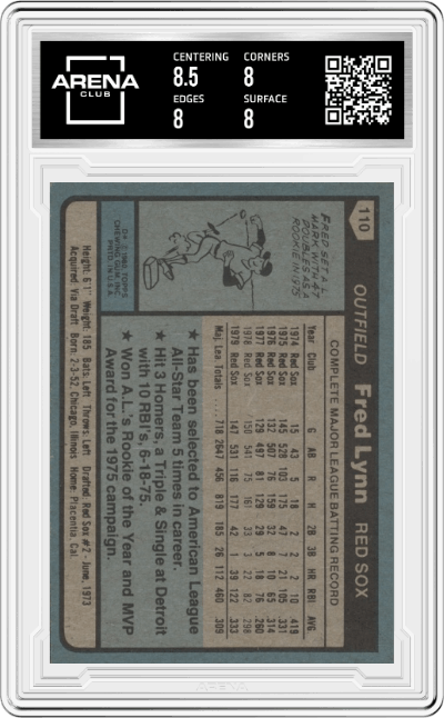 Fred Lynn from the 1980 Topps set graded by Arena Club and given an overall grade of 8.