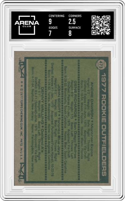 Andre Dawson, Gene Richards, John Scott, Denny Walling Rookie Outfielders from the 1977 Topps set graded by Arena Club and given an overall grade of 3.