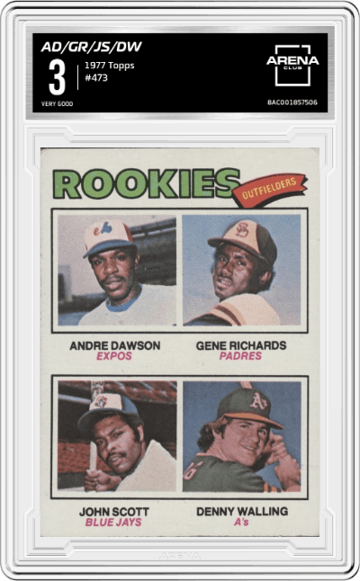Andre Dawson, Gene Richards, John Scott, Denny Walling Rookie Outfielders from the 1977 Topps set graded by Arena Club and given an overall grade of 3.