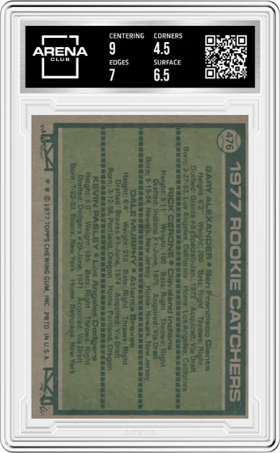 Gary Alexander, Rick Cerone, Dale Murphy, Kevin Pasley  from the 1977 Topps set graded by Arena Club and given an overall grade of 5.