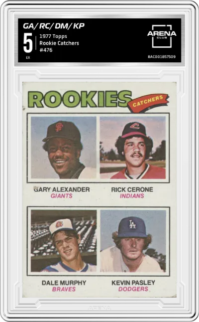 Gary Alexander, Rick Cerone, Dale Murphy, Kevin Pasley  from the 1977 Topps set graded by Arena Club and given an overall grade of 5.