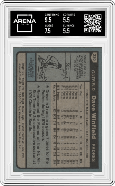 Dave Winfield from the 1980 Topps set graded by Arena Club and given an overall grade of 6.